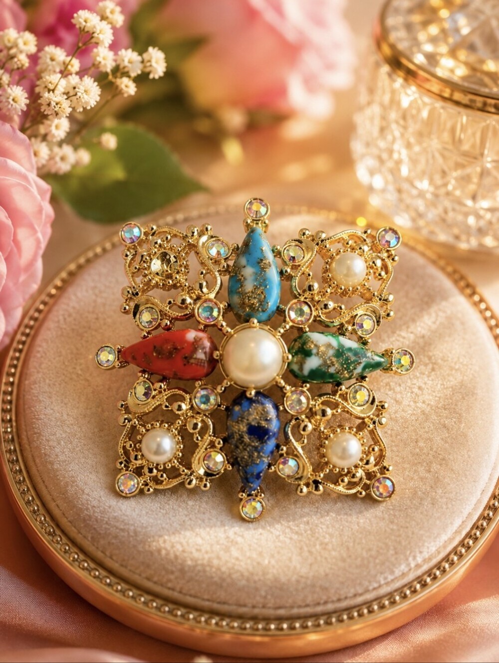 Gold Multicolor Gemstone Floral Brooch with Pearls - Women Jewelry